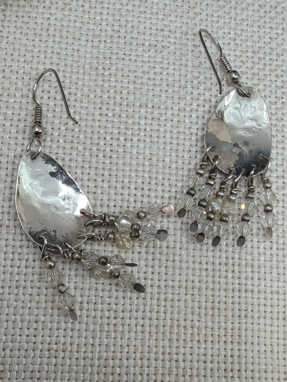 Vintage Artisan Hammered Silver Chandelier Earrings Crystal Bead Fringe 2.5